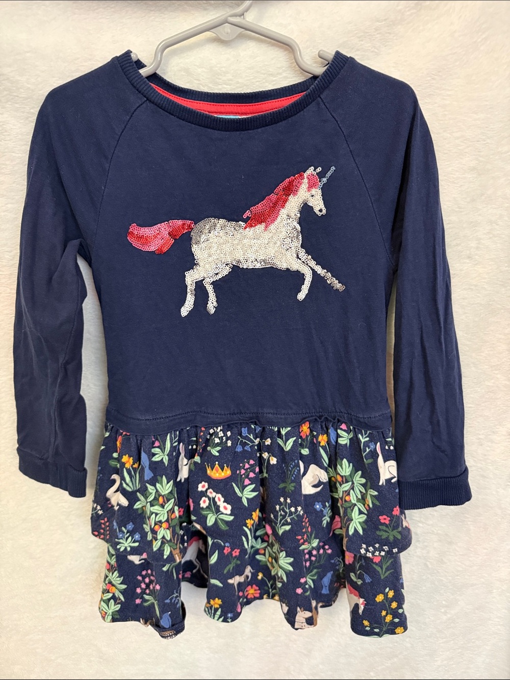 Girls’ Mini Boden Navy Long-Sleeve Unicorn Sequin Tiered Skirt Dress Size 3-4Y